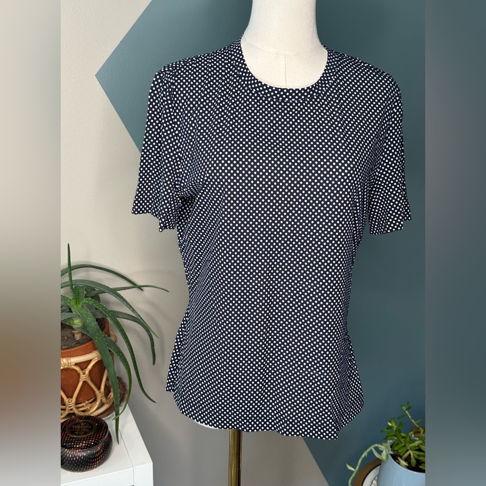 St. John Navy White Polka Dot Stretch Tee Top Size L Fitted Designer Quiet Lux - Picture 2 of 12